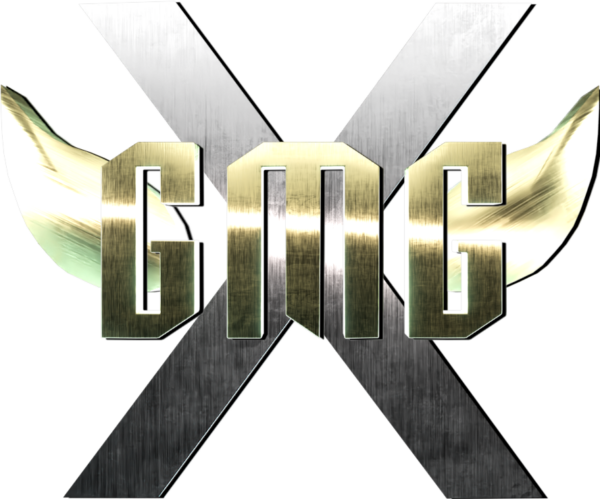 GMG White "X" with Gold Wings with Gold Letters "GMG" on Black Background Logo