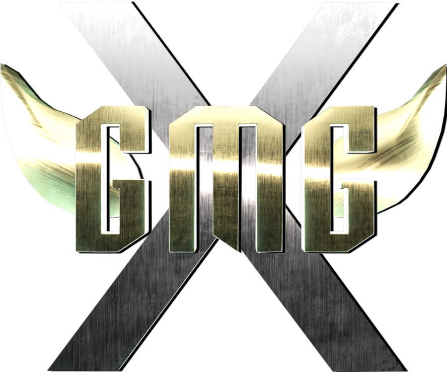 GMG White "X" with Gold Wings with Gold Letters "GMG" on Black Background Logo