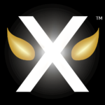 Luxauro White "X" with Gold Wings on Black Background Logo
