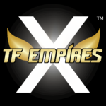 TF Empires White "X" and Gold Wings with Gold word mark "TF EMPIRES" on black background Logo