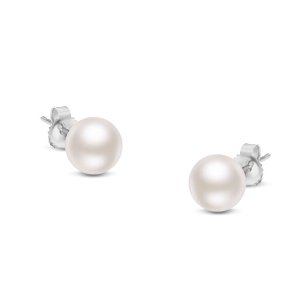 14K White Gold Round White 5.0-5.5MM Saltwater Akoya Cultured Pearl Stud Earrings AAA+ Quality