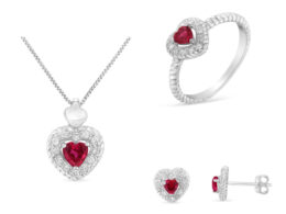 .925 Sterling Silver, ¾ Cttw Lab-Created Ruby, 1/4 Cttw Diamond Heart Ring, Earrings, and Pendant Necklace Set (I-J Color, I2-I3 Clarity) - Size 6