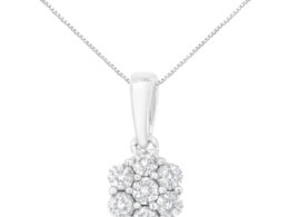 14K White Gold 1/2 cttw Prong Set Round-Cut Diamond 7 Stone Floral Cluster 18" Pendant Necklace (H-I Color, I1-I2 Clarity)