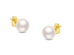 14K Yellow Gold Round White 5.0-5.5MM Saltwater Akoya Cultured Pearl Stud Earrings AAA+ Quality