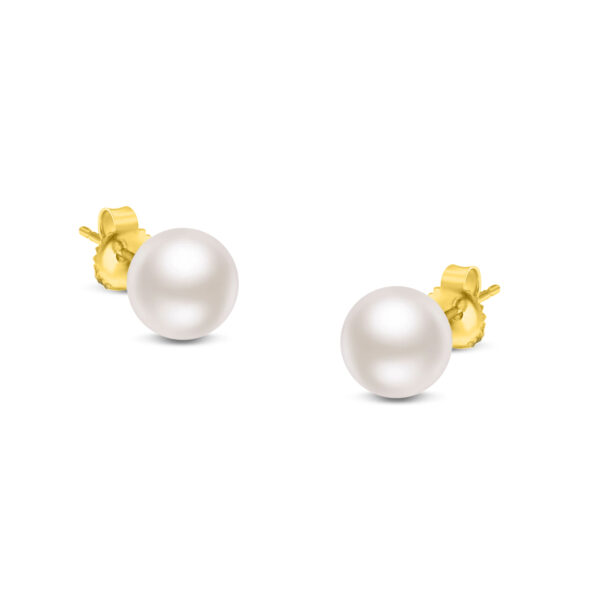 14K Yellow Gold Round White 5.5-6.0MM Saltwater Akoya Cultured Pearl Stud Earrings AAA+ Quality