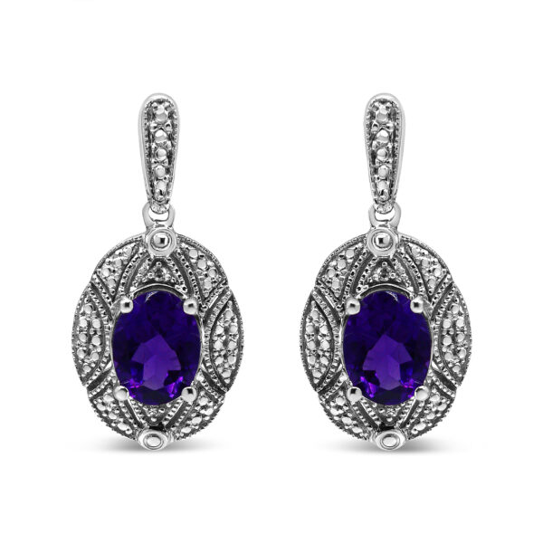.925 Sterling Silver Diamond Accent and 8x6mm Purple Oval Amethyst Stud Earrings (I-J Color, I1-I2 Clarity)