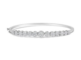 14K White Gold 2 5/8 Cttw Round Diamond 7 Stone Floral Cluster Link Bangle Bracelet (H-I Color, SI1-SI2 Clarity) - Fits Wrists up to 7.25" Inches