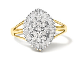 10K Yellow Gold 1/2 Cttw Baguette & Round Diamond Marquise-Shaped Cluster Halo Ring (I-J Color, I3 Clarity) - Size 6
