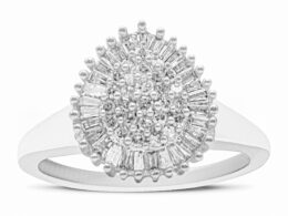 10K White Gold 1/2 Cttw Round & Baguette Cut Diamond Pear Shaped Domed Pavé Cluster with Halo Cocktail Ring (H-I Color, SI1-SI2 Clarity) - Size 8-3/4