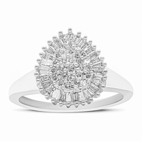 10K White Gold 1/2 Cttw Round & Baguette Cut Diamond Pear Shaped Domed Pavé Cluster with Halo Cocktail Ring (H-I Color, SI1-SI2 Clarity) - Size 9