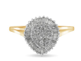 10K Yellow Gold 1/2 Cttw Round & Baguette Cut Diamond Pear Shaped Domed Pavé Cluster with Halo Cocktail Ring (J-K Color, I1-I2 Clarity) - Size 4-1/4