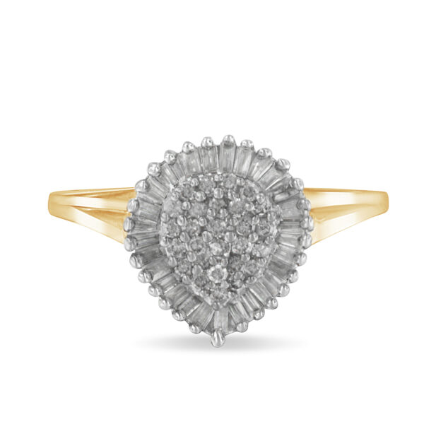 10K Yellow Gold 1/2 Cttw Round & Baguette Cut Diamond Pear Shaped Domed Pavé Cluster with Halo Cocktail Ring (J-K Color, I1-I2 Clarity) - Size 9