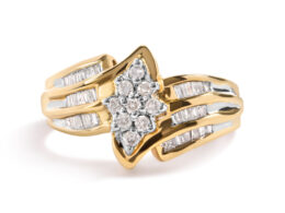 10K Yellow Gold 1/2 Cttw Round And Baguette-cut Diamond Cluster Head and Channel Set Shank Ring (H-I Color, I1-I2 Clarity) - Ring Size 7