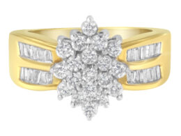 14K Yellow Gold 1.0 Cttw Round & Baguette Cut Diamond Floral Cluster Double-Channel Flared Band Cocktail Statement Ring (H-I Color, SI2-I1 Clarity) - Ring Size 7