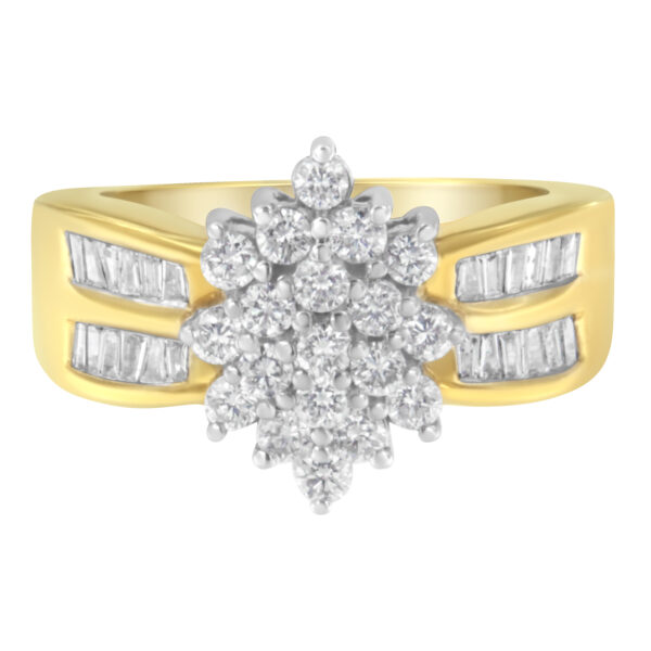 14K Yellow Gold 1.0 Cttw Round & Baguette Cut Diamond Floral Cluster Double-Channel Flared Band Cocktail Statement Ring (H-I Color, SI2-I1 Clarity) - Ring Size 7