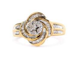 10K Yellow Gold 1/2 Cttw Round and Baguette Diamond Flower Swirl Cocktail Ring (I-J Color, SI2-I1 Clarity) - Ring Size 7
