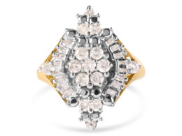 10K Yellow Gold 1 Cttw Round and Baguette cut Diamond Cluster and Rhombus Halo Ring (H-I Color, I1-I2 Clarity) - Ring Size 7
