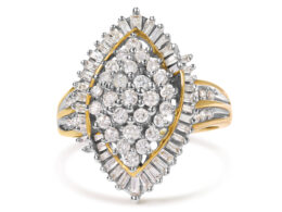 10K Yellow Gold 1.0 Cttw Round and Baguette-Cut Diamond Cluster Ring (I-J Color, SI2-I1 Clarity) - Size 7