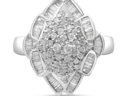 14K White Gold 7/8 Cttw Round and Baguette-Cut Diamond Cluster Ring (H-I Color, SI2-I1 Clarity) - Size 7