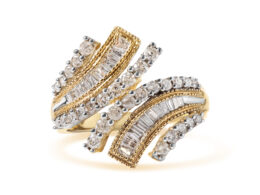 10K Yellow Gold 1.0 Cttw Round and Baguette Diamond Woven Bypass Ring (H-I,I1-I2) - Ring Size 7