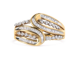 10K Yellow Gold 1/2 Cttw Round and Baguette cut Diamond Open Space Bypass Ring (H-I Color, SI2-I1 Clarity) - Ring Size 7