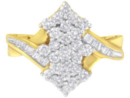 10K Yellow Gold Round And Baguette Cut Diamond Cluster Ring (1 1/10 Cttw, H-I Color, SI2-I1 Clarity) - Size 7