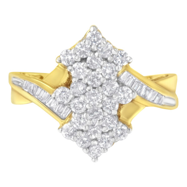 10K Yellow Gold Round And Baguette Cut Diamond Cluster Ring (1 1/10 Cttw, H-I Color, SI2-I1 Clarity) - Size 8