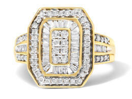 10K Yellow Gold 1.0 Cttw Diamond Vintage Inspired Baguette-Cut Double Halo Emerald-Shaped Frame Cocktail Ring (I-J Color, I1-I2 Clarity) - Size 6-1/2