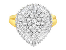10K Yellow Gold 1.0 Cttw Round and Baguette Cut Diamond Oval Shaped Cluster Ring (I-J Color, I1-I2 Clarity) - Size 6