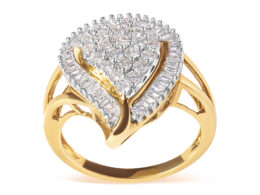 10K Yellow Gold 1 Cttw Round and Baguette Cut Diamond Ballerina Cluster Ring (H-I Color, SI2-I1 Clarity)