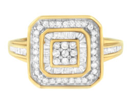 10K Yellow Gold 1/2 Cttw Round & Baguette-Cut Diamond Vintage-Inspired Square Cluster Framed Double Halo Cocktail Fashion Ring (H-J Color, SI2-I1 Clarity) - Size 6