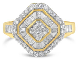 10K Yellow Gold Round and Baguette-Cut Diamond Cocktail Ring (1.0 Cttw, I-J Color, I1-I2 Clarity) - Size 7