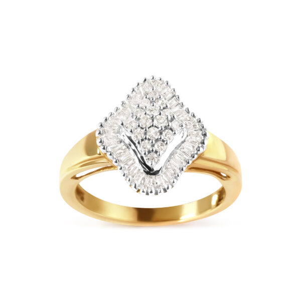 10K Yellow Gold 1/2 Cttw Round And Baguette-cut Diamond Rhombus Head and Halo Ring (I-J Color, I1-I2 Clarity) - Ring Size 7