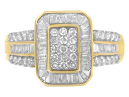 10K Yellow Gold Round and Baguette-Cut Diamond Cluster Ring (1.0 Cttw, I-J Color, SI1-SI2 Clarity) - Size 7