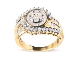 10K Yellow Gold 1 Cttw Round and Baguette cut Diamond Cluster Swirl Band Ring (H-I Color, I1-I2 Clarity) - Ring Size 7