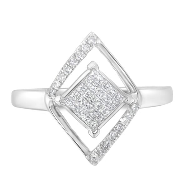 10k White Gold 1/3 Cttw Round and Princess Diamond Double Triangle Cocktail Ring (H-I Color, SI1-SI2 Clarity) - Ring Size 6