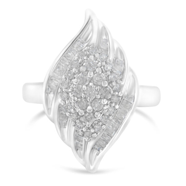 .925 Sterling Silver ¾ Cttw Round and Baguette Cut Diamond Stair-Stepped Cluster Waterfall Cocktail Ring (I-J Color, I2-I3 Clarity) - Size 7-1/4