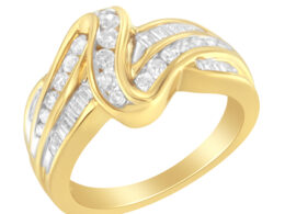 10K Yellow Gold 3/4 Cttw Channel Set Round and Baguette-cut Diamond Double Shank Bypass Ring (J-K Color, I1-I2 Clarity) - Size 6.75