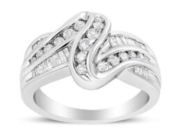 10K White Gold Ring 3/4 Cttw Round and Baguette-Cut Diamond Bypass Ring (H-I Color, I2-I3 Clarity) - Size 6