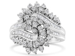 10K White Gold 1/2 Cttw Round and Baguette-Cut "S" Shaped Bypass Cocktail Ring  (I-J Color, I1-I2 Clarity) - Size 8