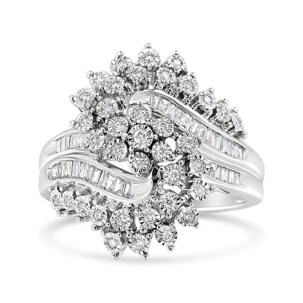 10K White Gold 1/2 Cttw Round and Baguette-Cut "S" Shaped Bypass Cocktail Ring (I-J Color, I1-I2 Clarity) - Size 7