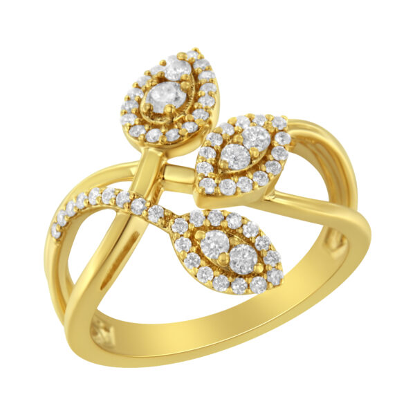 10K Yellow Gold 1/2 Cttw Round-Cut Diamond Layered Crossover Triple Leaf Bypass Ring (I-J Color, I1-I2 Clarity) - Size 6