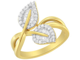 10K Yellow Gold 3/8 Cttw Round and Baguette-Cut Diamond Leaf Cocktail Ring - Size 6 (I-J Color, I1-I2 Clarity)
