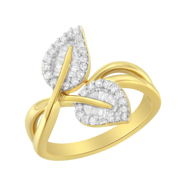 10K Yellow Gold 3/8 Cttw Round and Baguette-Cut Diamond Leaf Cocktail Ring - Size 7 (I-J Color, I1-I2 Clarity)