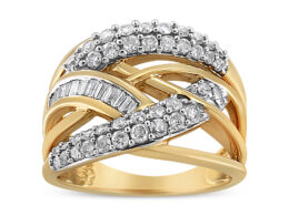 10K Yellow and White Gold 1.0 Cttw Round and Baguette-Cut Diamond Multirow Interwoven Cocktail Ring (I-J Color, I2-I3 Quality) - Size 7