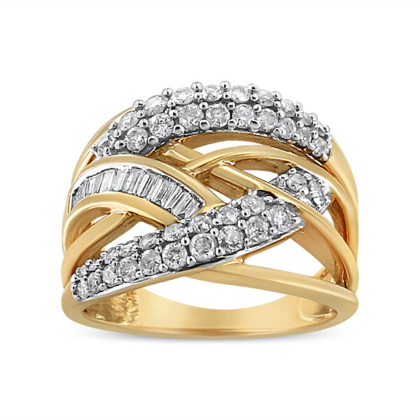 10K Yellow and White Gold 1.0 Cttw Round and Baguette-Cut Diamond Multirow Interwoven Cocktail Ring (I-J Color, I2-I3 Quality) - Size 8