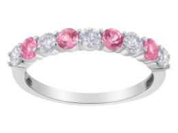 10KT White Gold Diamond and 3MM Created Pink Sapphire Gemstone Band Ring (1/2 cttw, H-I Color, I1-I2 Clarity) - Size 7