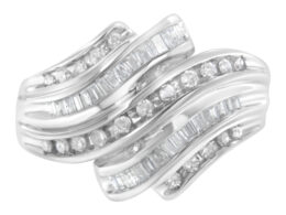 10K White Gold Round and Baguette Cut Diamond Channel Ring (3/4 Cttw, H-I Color, SI2-I1 Clarity) - Size 7