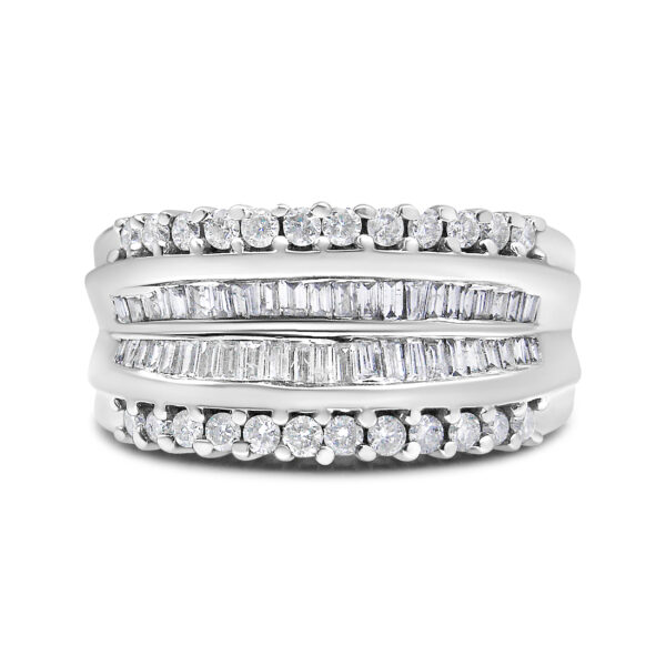 14K White Gold 1.00 Cttw Round and Baguette-Cut Diamond Modern Band Ring (H-I Color, SI2-I1 Clarity) - Ring Size 7