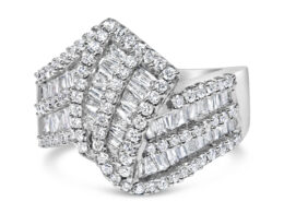 14K White Gold 1-1/2 Cttw Round and Baguette Diamond Bypass Cocktail Ring Band (H-I Color, SI1-SI2 Clarity) - Size 7